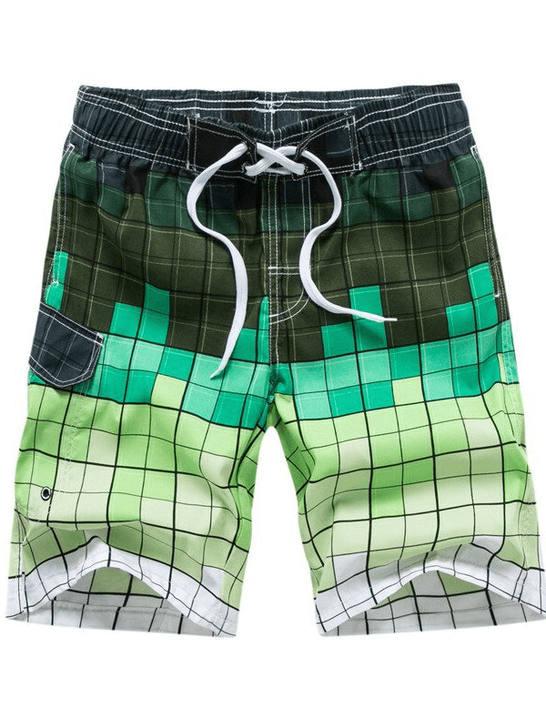 Men's quick dry beach shorts SF0860 with side pocket, green pixel design, perfect for summer swimming, breathable polyester.